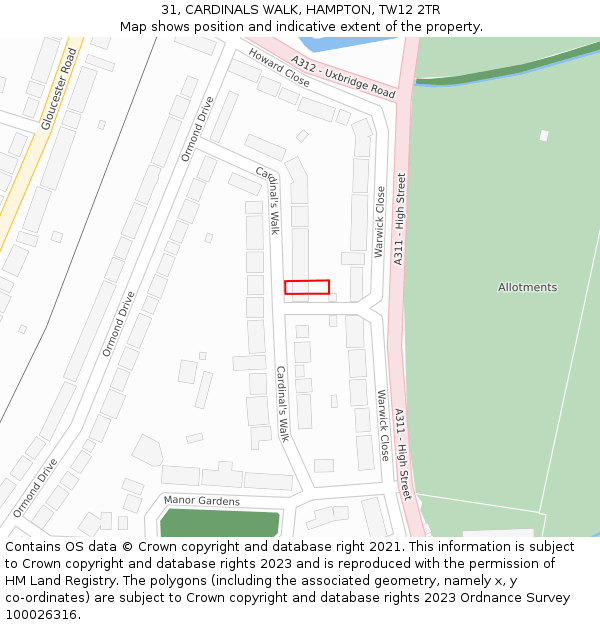 31, CARDINALS WALK, HAMPTON, TW12 2TR: Location map and indicative extent of plot