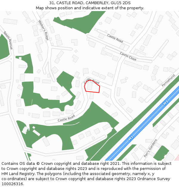 31, CASTLE ROAD, CAMBERLEY, GU15 2DS: Location map and indicative extent of plot