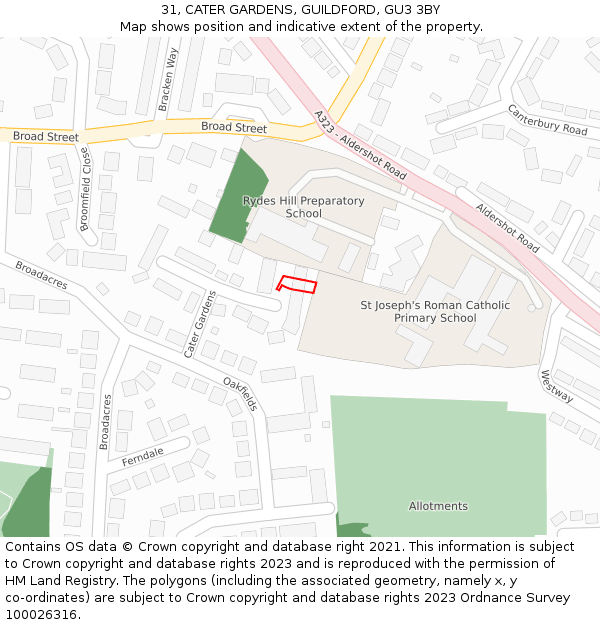 31, CATER GARDENS, GUILDFORD, GU3 3BY: Location map and indicative extent of plot