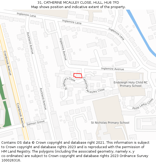 31, CATHERINE MCAULEY CLOSE, HULL, HU6 7FD: Location map and indicative extent of plot