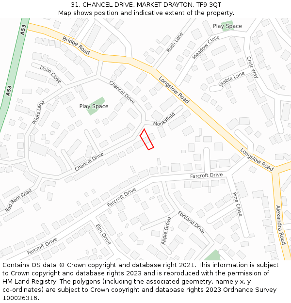 31, CHANCEL DRIVE, MARKET DRAYTON, TF9 3QT: Location map and indicative extent of plot