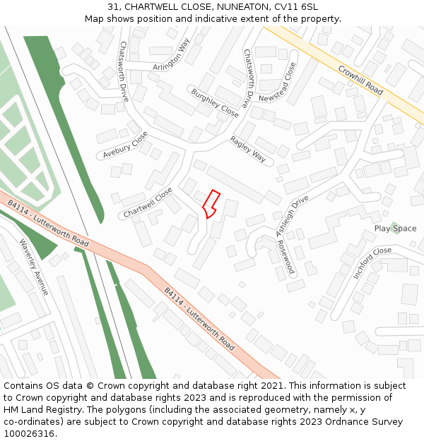 31, CHARTWELL CLOSE, NUNEATON, CV11 6SL: Location map and indicative extent of plot