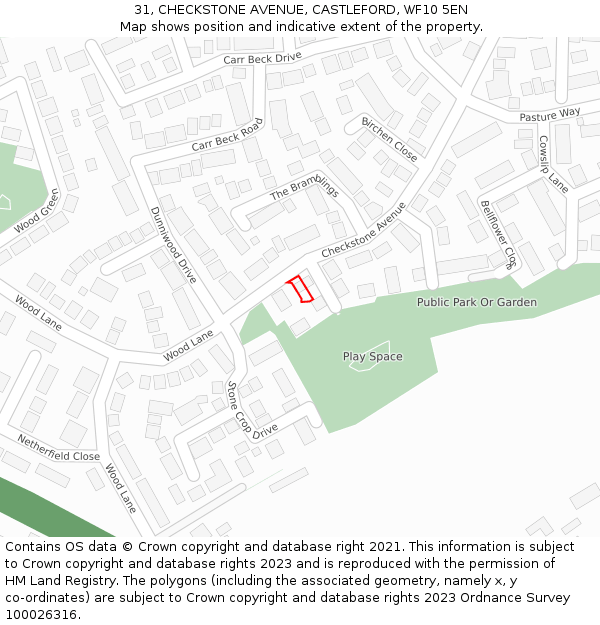 31, CHECKSTONE AVENUE, CASTLEFORD, WF10 5EN: Location map and indicative extent of plot