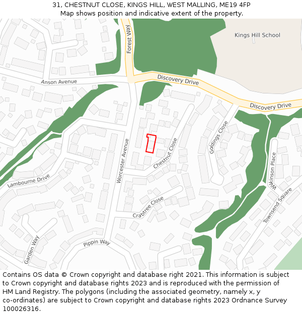 31, CHESTNUT CLOSE, KINGS HILL, WEST MALLING, ME19 4FP: Location map and indicative extent of plot