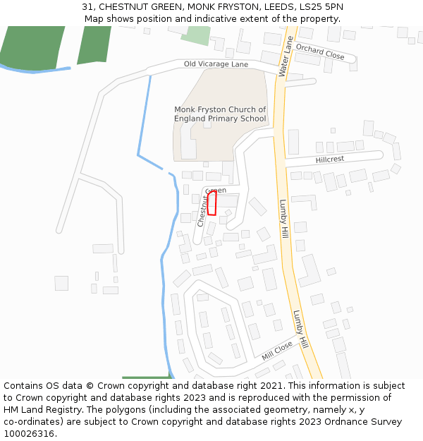 31, CHESTNUT GREEN, MONK FRYSTON, LEEDS, LS25 5PN: Location map and indicative extent of plot