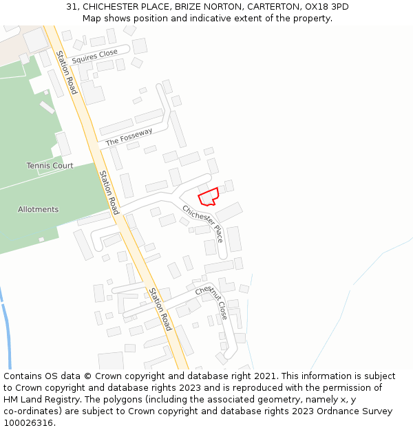 31, CHICHESTER PLACE, BRIZE NORTON, CARTERTON, OX18 3PD: Location map and indicative extent of plot