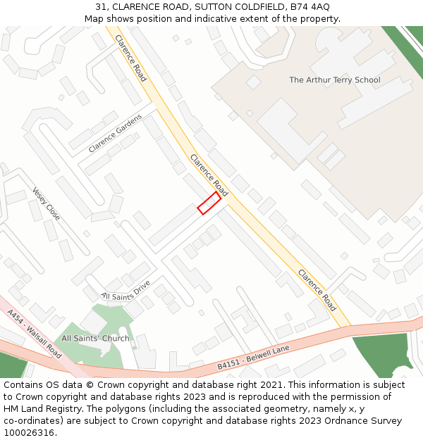 31, CLARENCE ROAD, SUTTON COLDFIELD, B74 4AQ: Location map and indicative extent of plot