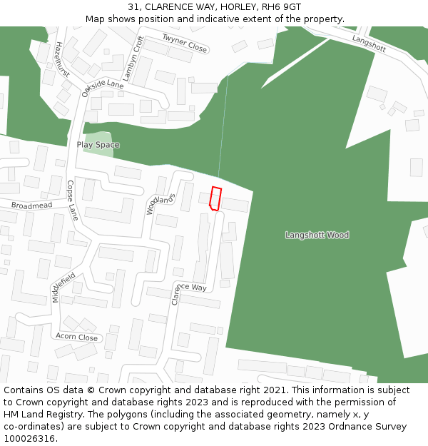 31, CLARENCE WAY, HORLEY, RH6 9GT: Location map and indicative extent of plot