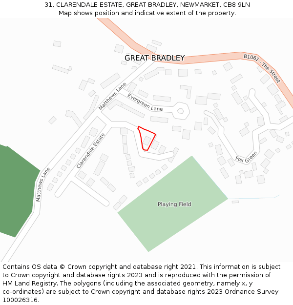 31, CLARENDALE ESTATE, GREAT BRADLEY, NEWMARKET, CB8 9LN: Location map and indicative extent of plot