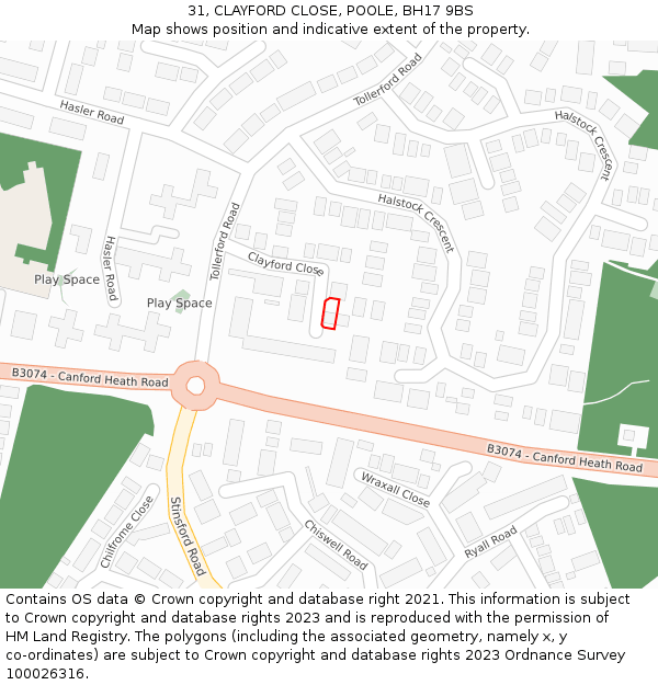 31, CLAYFORD CLOSE, POOLE, BH17 9BS: Location map and indicative extent of plot