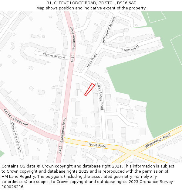 31, CLEEVE LODGE ROAD, BRISTOL, BS16 6AF: Location map and indicative extent of plot