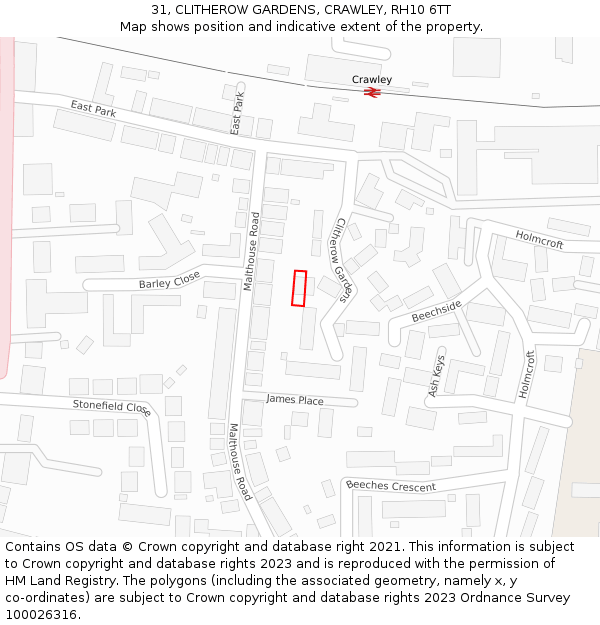 31, CLITHEROW GARDENS, CRAWLEY, RH10 6TT: Location map and indicative extent of plot