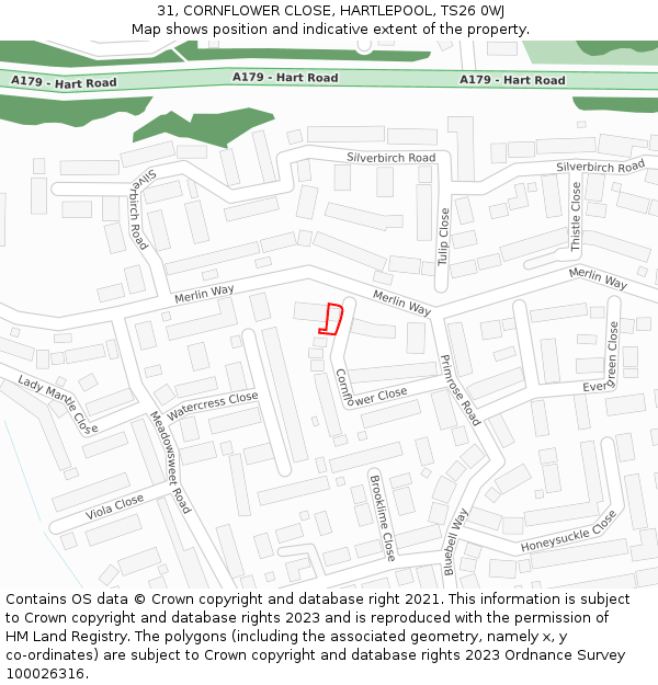 31, CORNFLOWER CLOSE, HARTLEPOOL, TS26 0WJ: Location map and indicative extent of plot