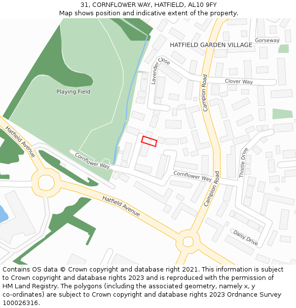 31, CORNFLOWER WAY, HATFIELD, AL10 9FY: Location map and indicative extent of plot