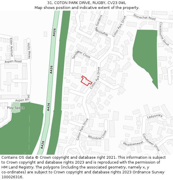 31, COTON PARK DRIVE, RUGBY, CV23 0WL: Location map and indicative extent of plot