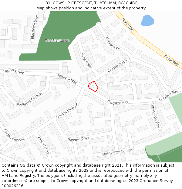 31, COWSLIP CRESCENT, THATCHAM, RG18 4DF: Location map and indicative extent of plot