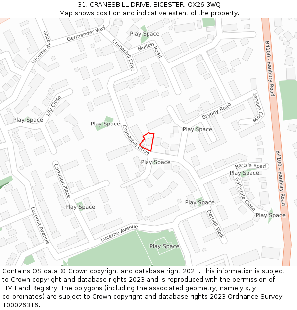 31, CRANESBILL DRIVE, BICESTER, OX26 3WQ: Location map and indicative extent of plot