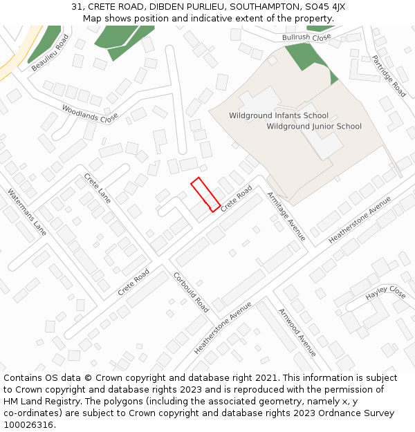 31, CRETE ROAD, DIBDEN PURLIEU, SOUTHAMPTON, SO45 4JX: Location map and indicative extent of plot