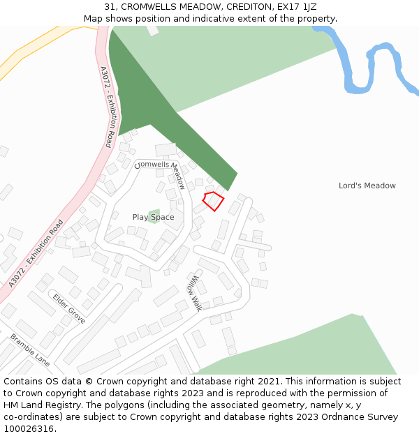 31, CROMWELLS MEADOW, CREDITON, EX17 1JZ: Location map and indicative extent of plot