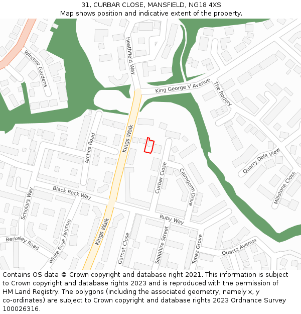 31, CURBAR CLOSE, MANSFIELD, NG18 4XS: Location map and indicative extent of plot