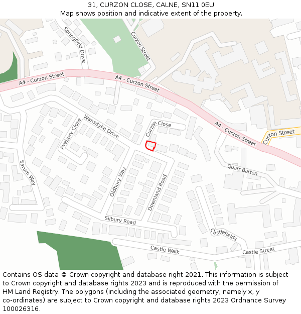 31, CURZON CLOSE, CALNE, SN11 0EU: Location map and indicative extent of plot