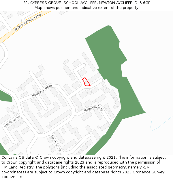 31, CYPRESS GROVE, SCHOOL AYCLIFFE, NEWTON AYCLIFFE, DL5 6GP: Location map and indicative extent of plot