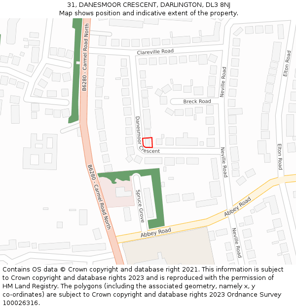 31, DANESMOOR CRESCENT, DARLINGTON, DL3 8NJ: Location map and indicative extent of plot