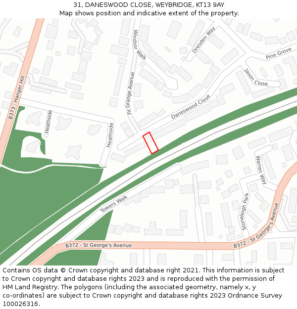 31, DANESWOOD CLOSE, WEYBRIDGE, KT13 9AY: Location map and indicative extent of plot