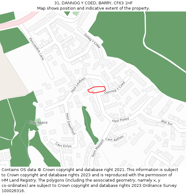 31, DANNOG Y COED, BARRY, CF63 1HF: Location map and indicative extent of plot