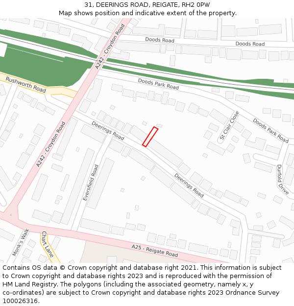 31, DEERINGS ROAD, REIGATE, RH2 0PW: Location map and indicative extent of plot