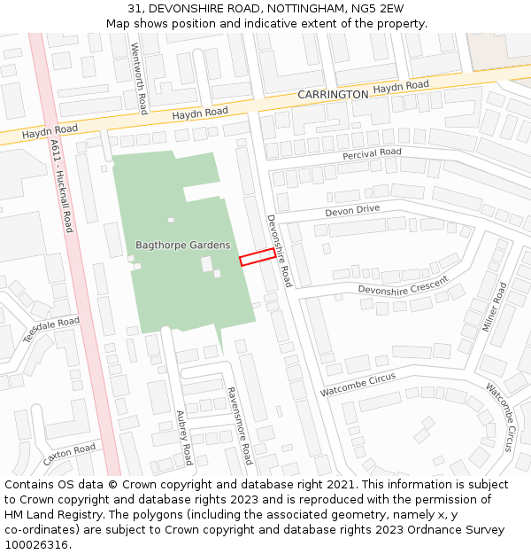 31, DEVONSHIRE ROAD, NOTTINGHAM, NG5 2EW: Location map and indicative extent of plot