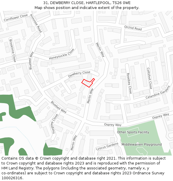 31, DEWBERRY CLOSE, HARTLEPOOL, TS26 0WE: Location map and indicative extent of plot