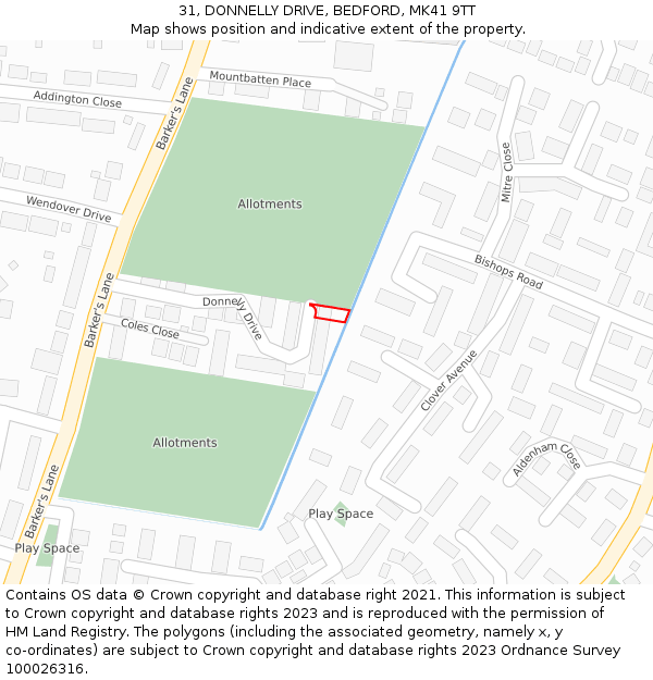 31, DONNELLY DRIVE, BEDFORD, MK41 9TT: Location map and indicative extent of plot