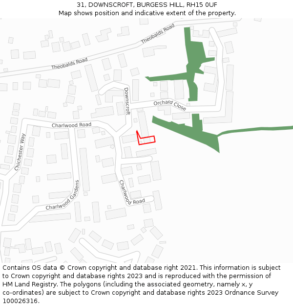 31, DOWNSCROFT, BURGESS HILL, RH15 0UF: Location map and indicative extent of plot