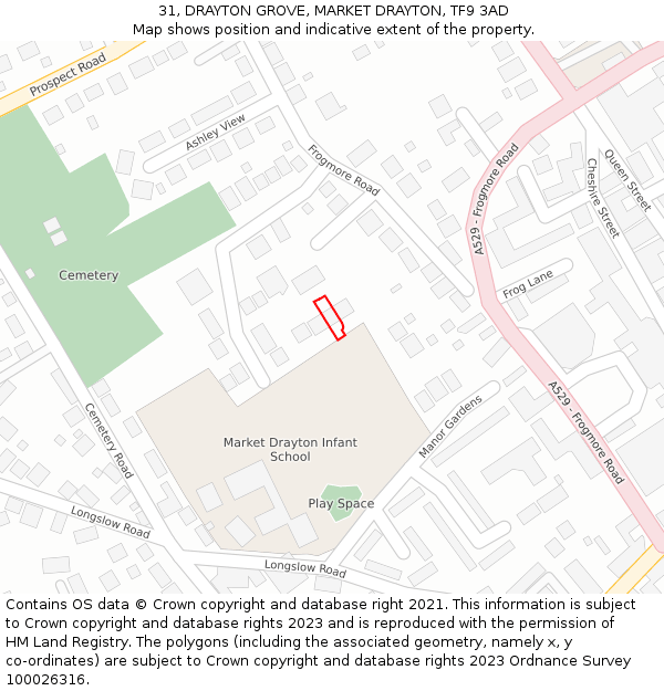 31, DRAYTON GROVE, MARKET DRAYTON, TF9 3AD: Location map and indicative extent of plot