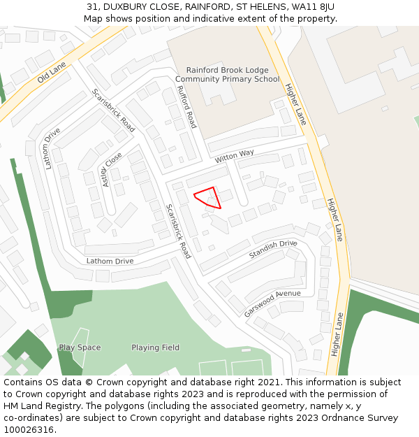 31, DUXBURY CLOSE, RAINFORD, ST HELENS, WA11 8JU: Location map and indicative extent of plot