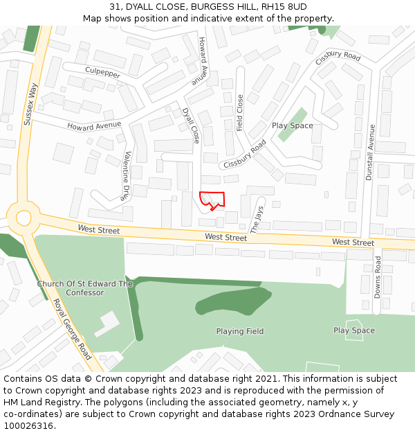 31, DYALL CLOSE, BURGESS HILL, RH15 8UD: Location map and indicative extent of plot