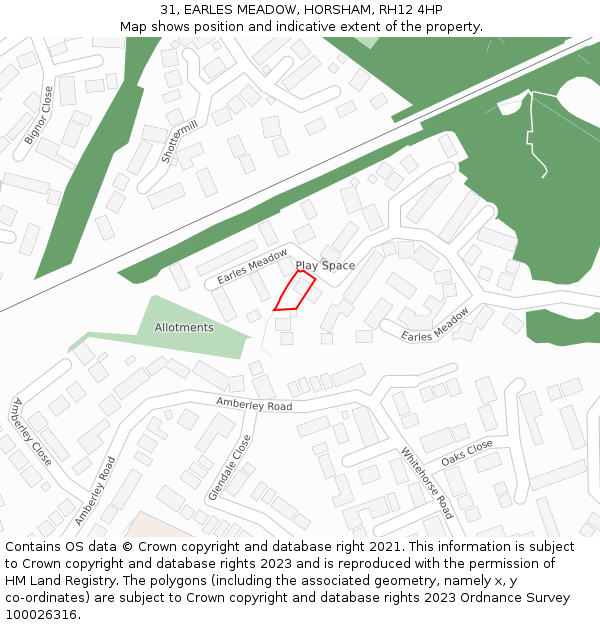 31, EARLES MEADOW, HORSHAM, RH12 4HP: Location map and indicative extent of plot