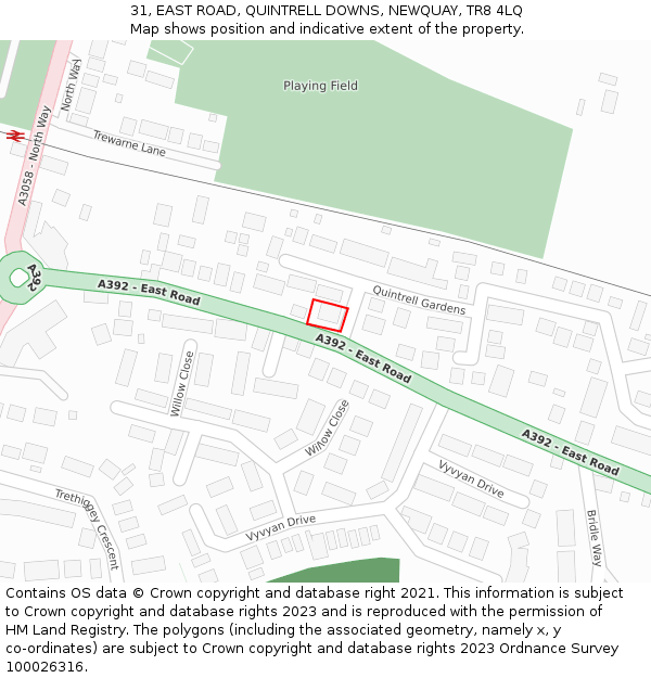 31, EAST ROAD, QUINTRELL DOWNS, NEWQUAY, TR8 4LQ: Location map and indicative extent of plot