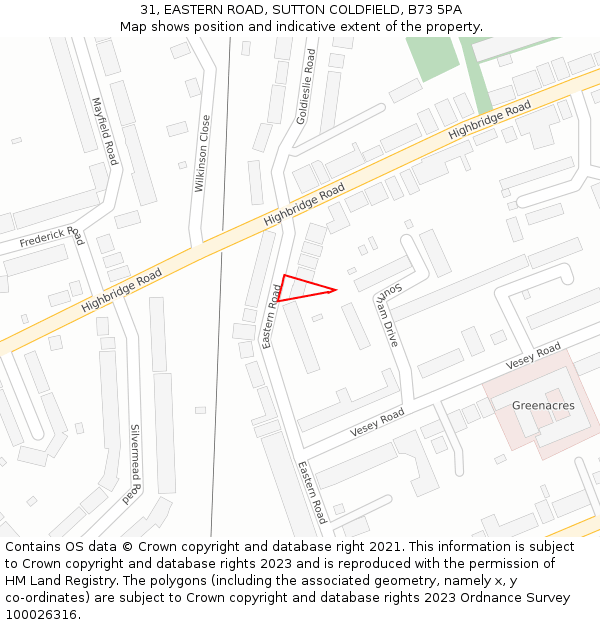 31, EASTERN ROAD, SUTTON COLDFIELD, B73 5PA: Location map and indicative extent of plot