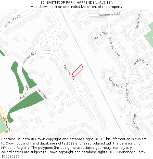 31, EASTMOOR PARK, HARPENDEN, AL5 1BN: Location map and indicative extent of plot