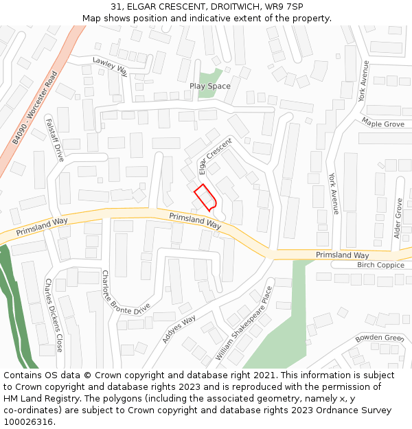 31, ELGAR CRESCENT, DROITWICH, WR9 7SP: Location map and indicative extent of plot