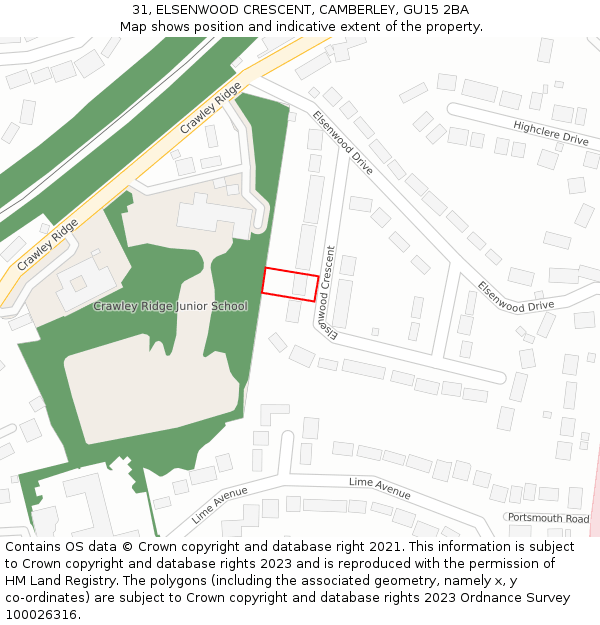 31, ELSENWOOD CRESCENT, CAMBERLEY, GU15 2BA: Location map and indicative extent of plot