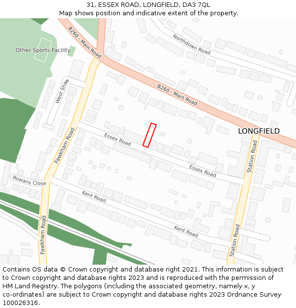31, ESSEX ROAD, LONGFIELD, DA3 7QL: Location map and indicative extent of plot