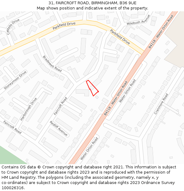 31, FAIRCROFT ROAD, BIRMINGHAM, B36 9UE: Location map and indicative extent of plot