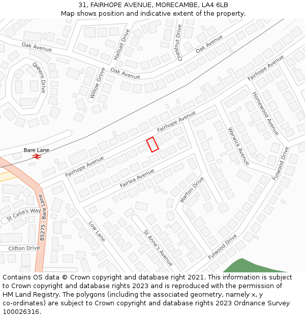 31, FAIRHOPE AVENUE, MORECAMBE, LA4 6LB: Location map and indicative extent of plot