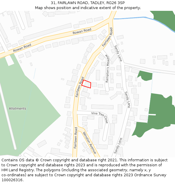 31, FAIRLAWN ROAD, TADLEY, RG26 3SP: Location map and indicative extent of plot