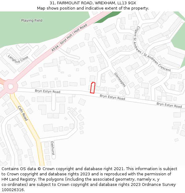 31, FAIRMOUNT ROAD, WREXHAM, LL13 9GX: Location map and indicative extent of plot