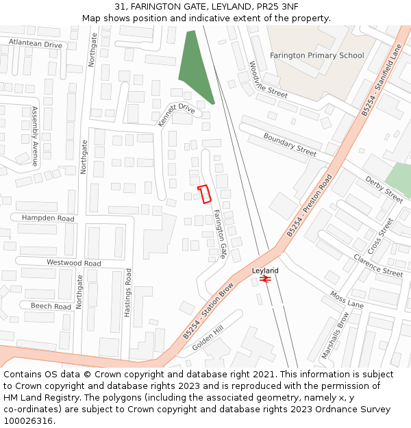 31, FARINGTON GATE, LEYLAND, PR25 3NF: Location map and indicative extent of plot