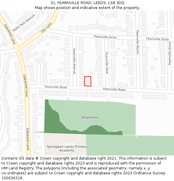 31, FEARNVILLE ROAD, LEEDS, LS8 3DQ: Location map and indicative extent of plot